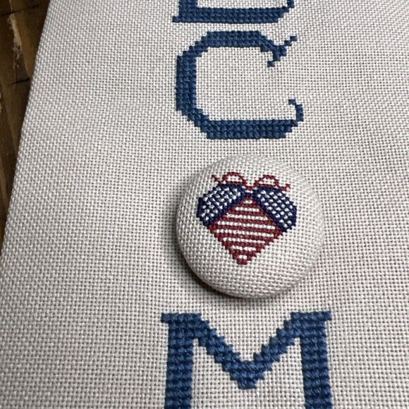 Handmade Cross Stitch Wall Hanging, WELCOME, Americana, Heart , Patriotic - Picture 2 of 5